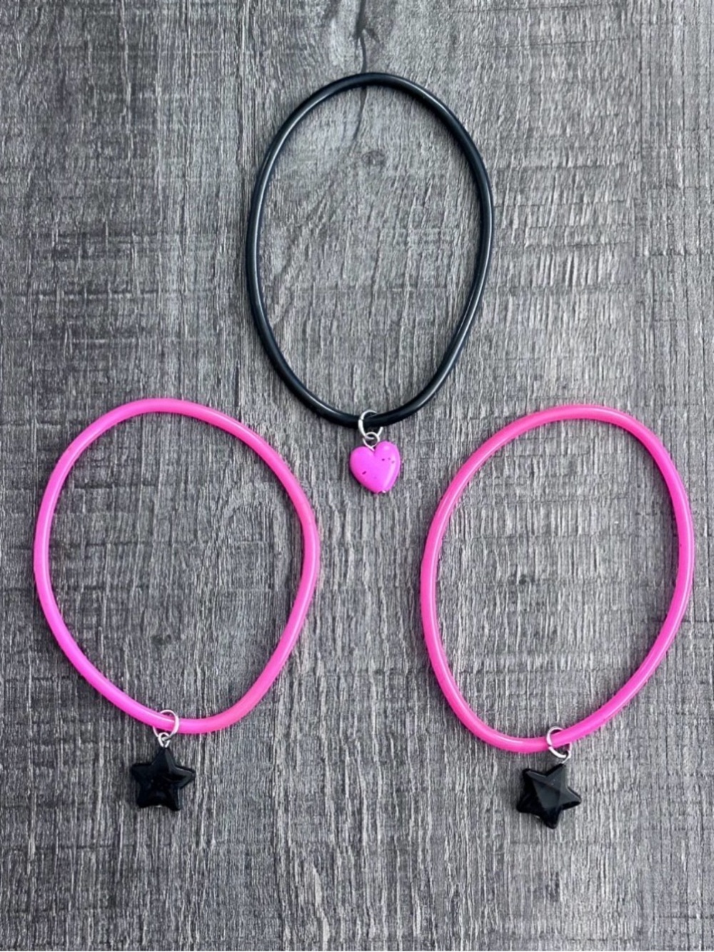 💞 Set of 3 Pink & Black Soft Plastic Jelly Bracelets with Heart & Star Charms